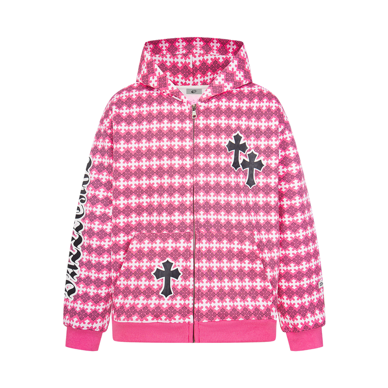 Pink full-zip hoodie with gothic cross pattern, front view