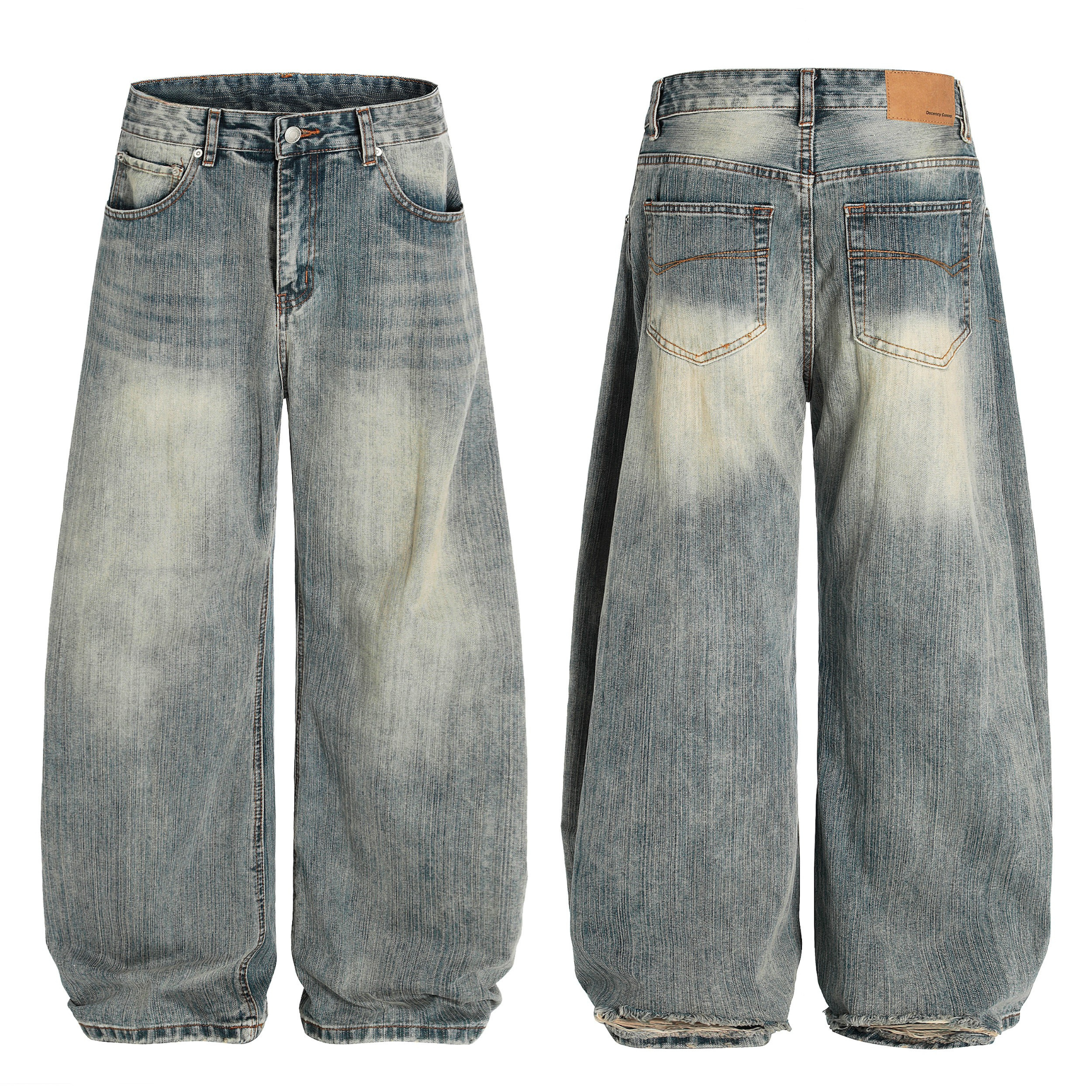 Front and back view of Omirad washed wide-leg denim jeans with vintage fade and gathered hems
