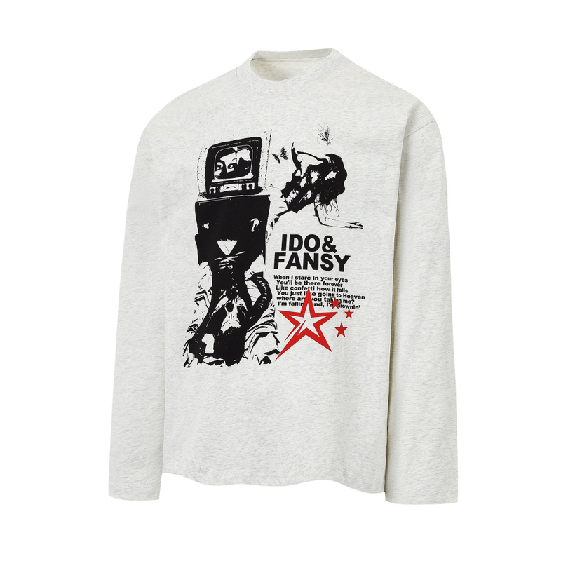 Heather gray long-sleeve tee front with collage print, bold text, and red star