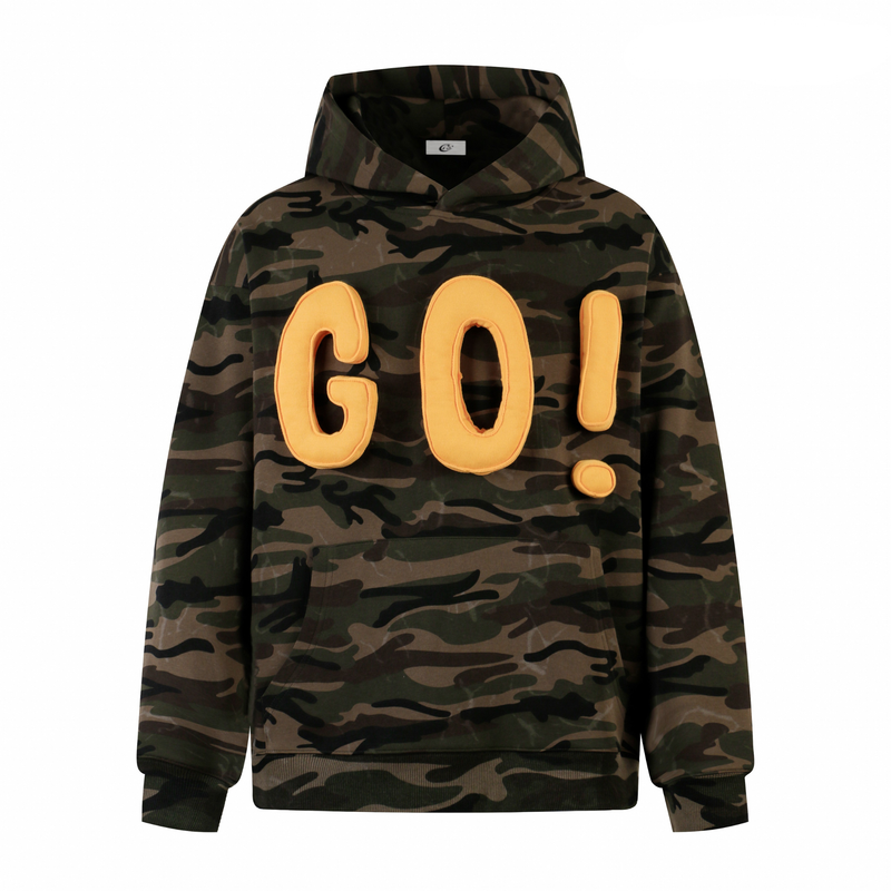 Front view of camo hoodie with yellow 3D puff GO! letters and kangaroo pocket
