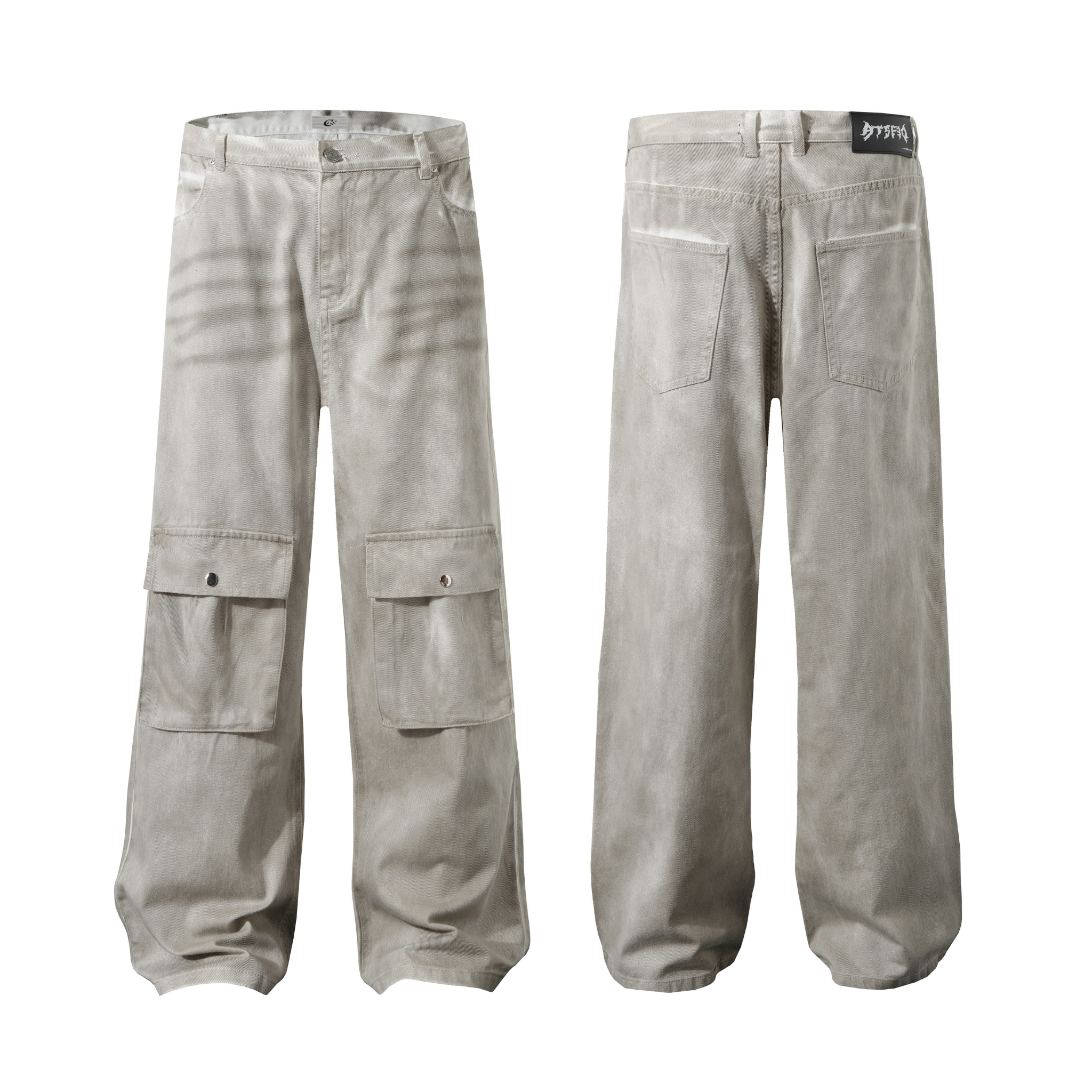 Front and back view of light grey washed wide-leg cargo pants with oversized snap pockets and stacked hem