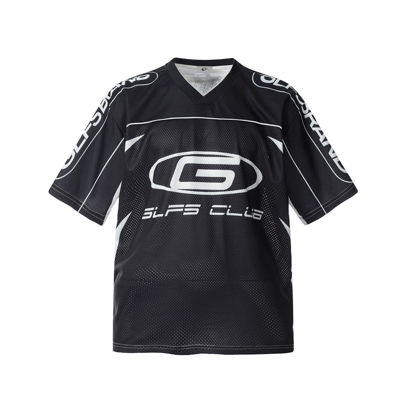 Black oversized mesh jersey with white GLFS logo graphics and V-neck streetwear fit