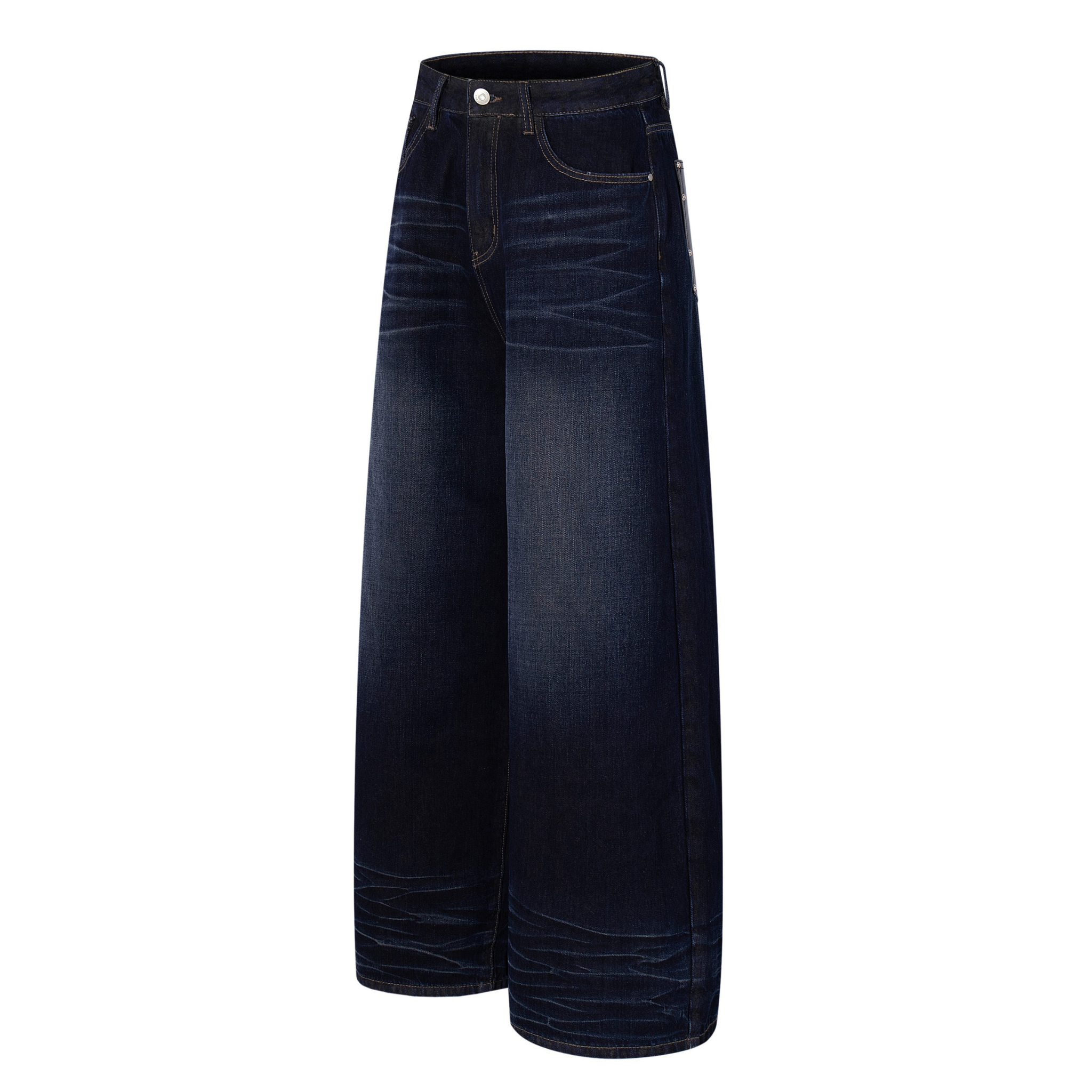 Omirad Leather-Patch Wide-Leg Jeans | Deep Indigo Denim