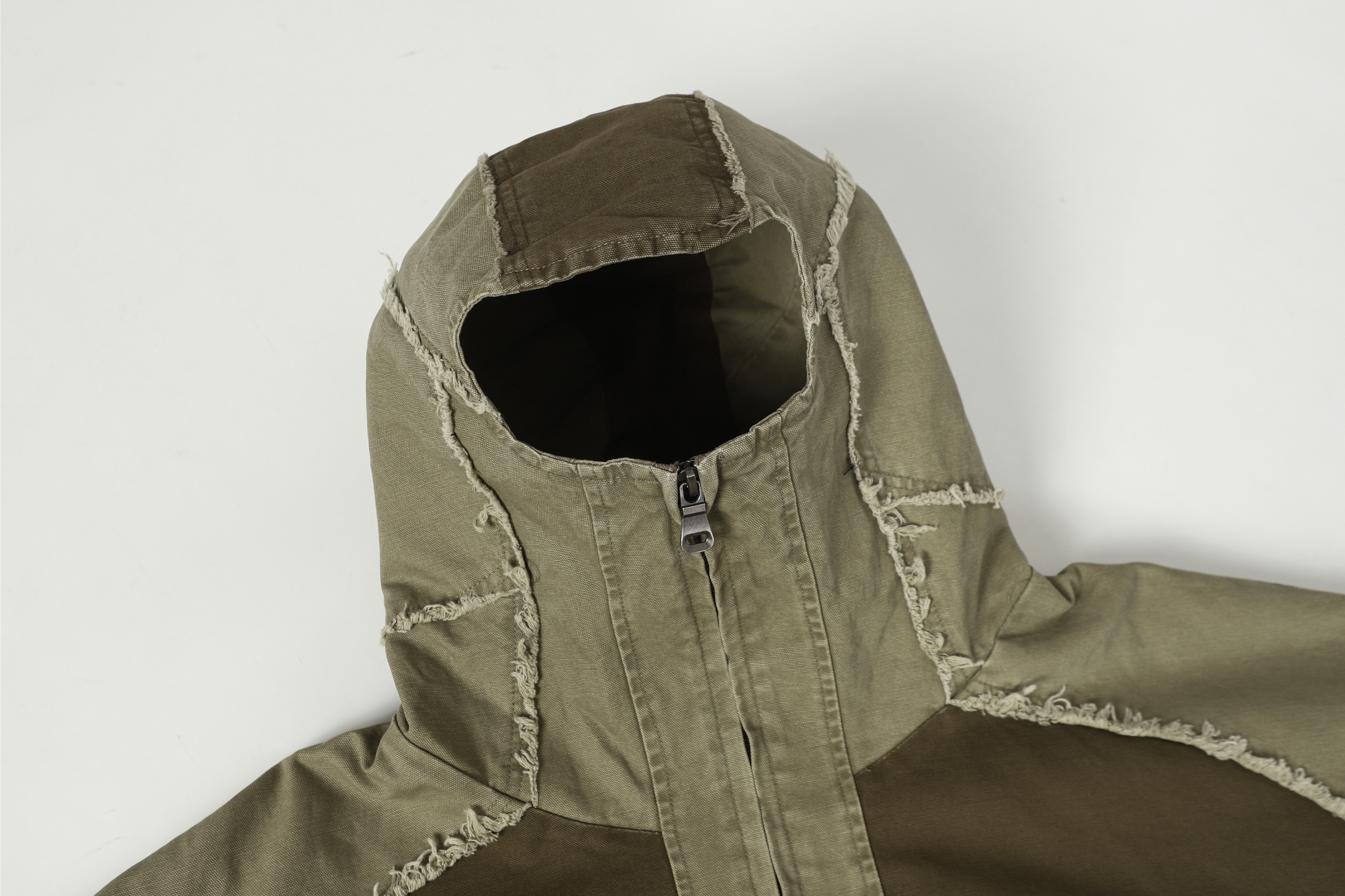 Multi-Panel Distressed Hooded Jacket | Raw-Edge Streetwear