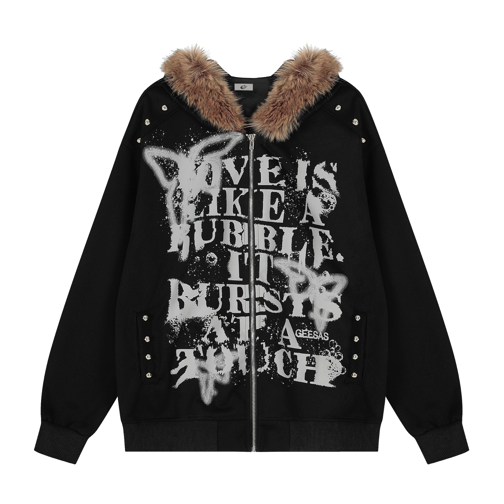 Faux-Fur Collar Graffiti Zip Hoodie | Streetwear Statement