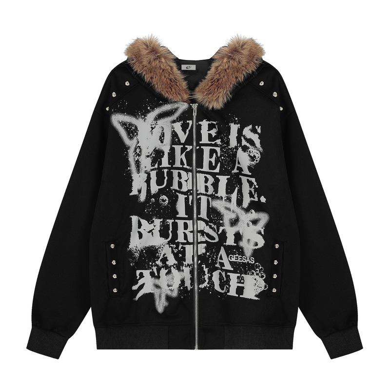 Black zip hoodie with brown faux-fur collar and gray graffiti-style front print