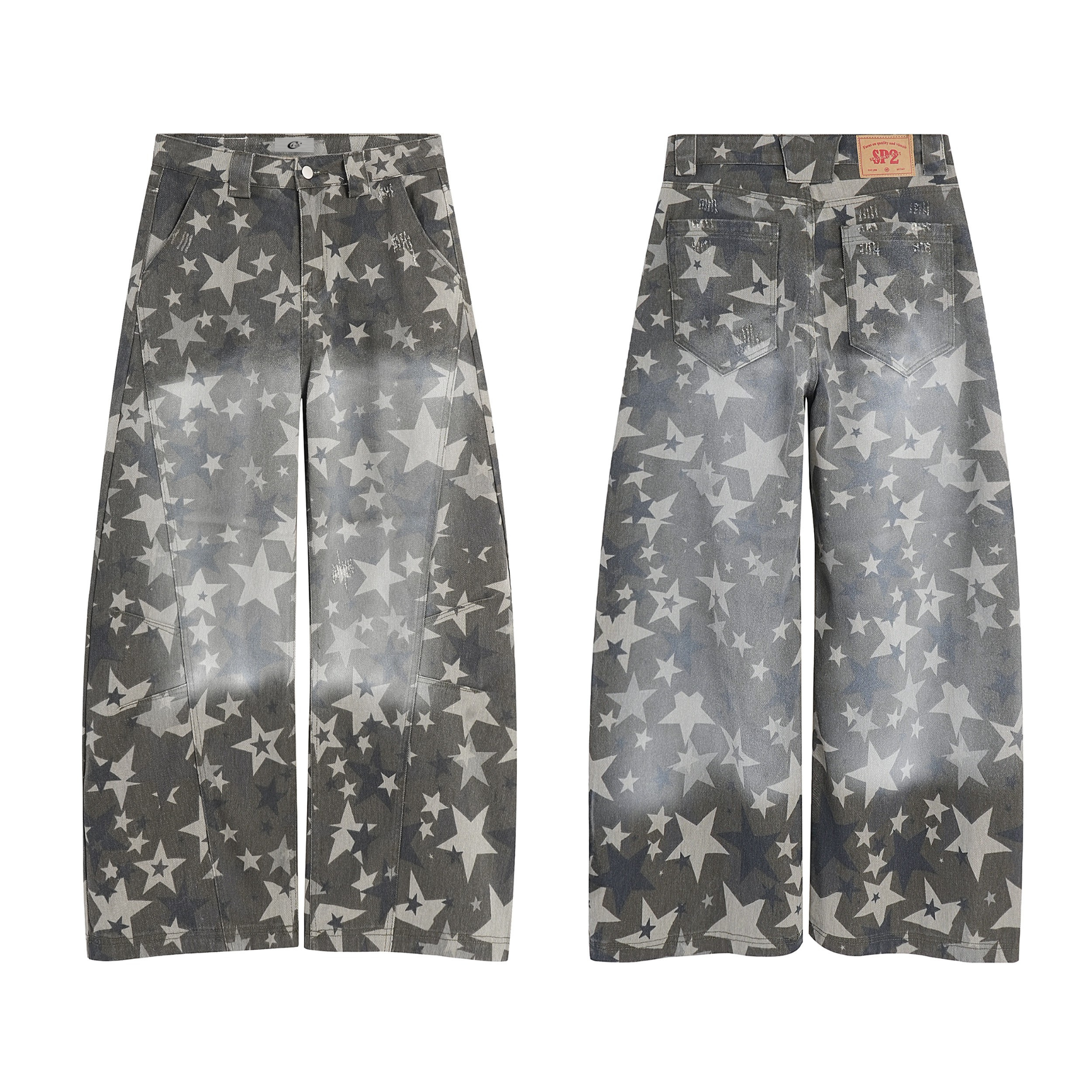 Grey washed wide-leg denim pants with all-over white star print, front and back view on white background
