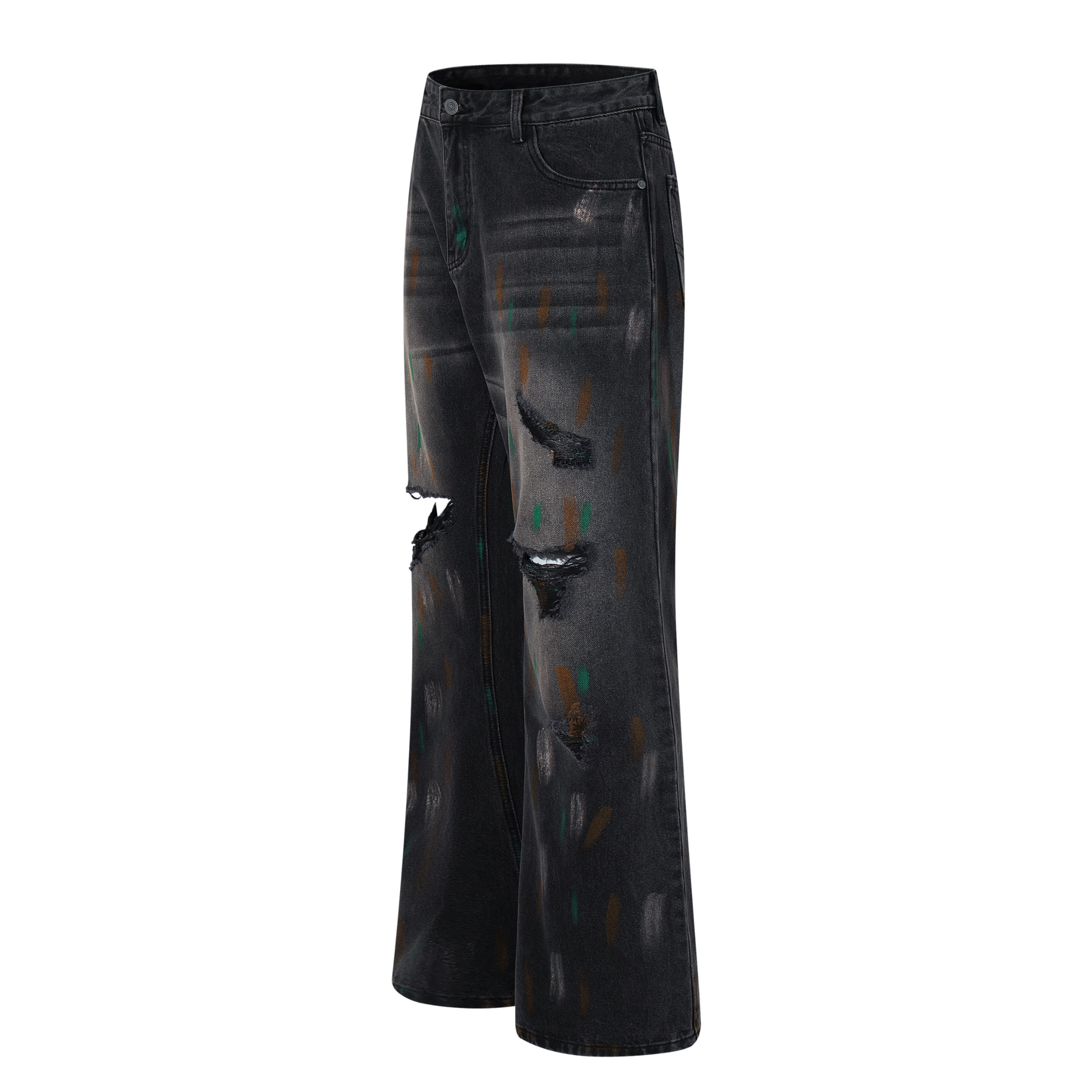 Omirad Painted Distressed Wide-Leg Jeans | Washed Black Denim