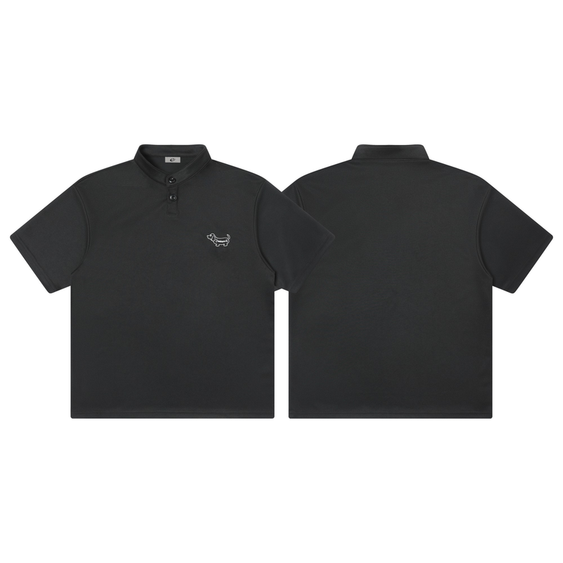 Black short sleeve polo shirt with small embroidered chest logo, shown front and back on white background
