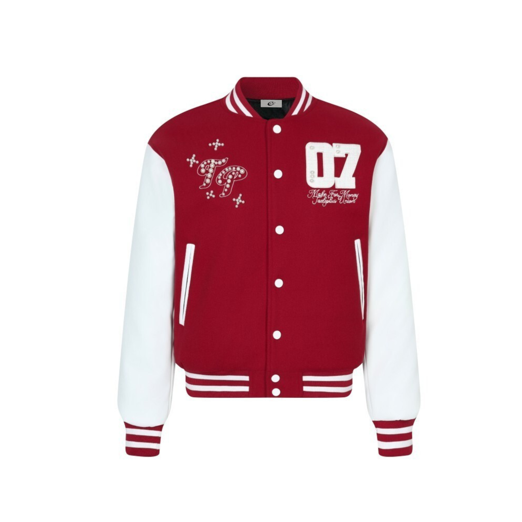 Pearl-Studded Varsity Jacket | Taeleplus More Money Design