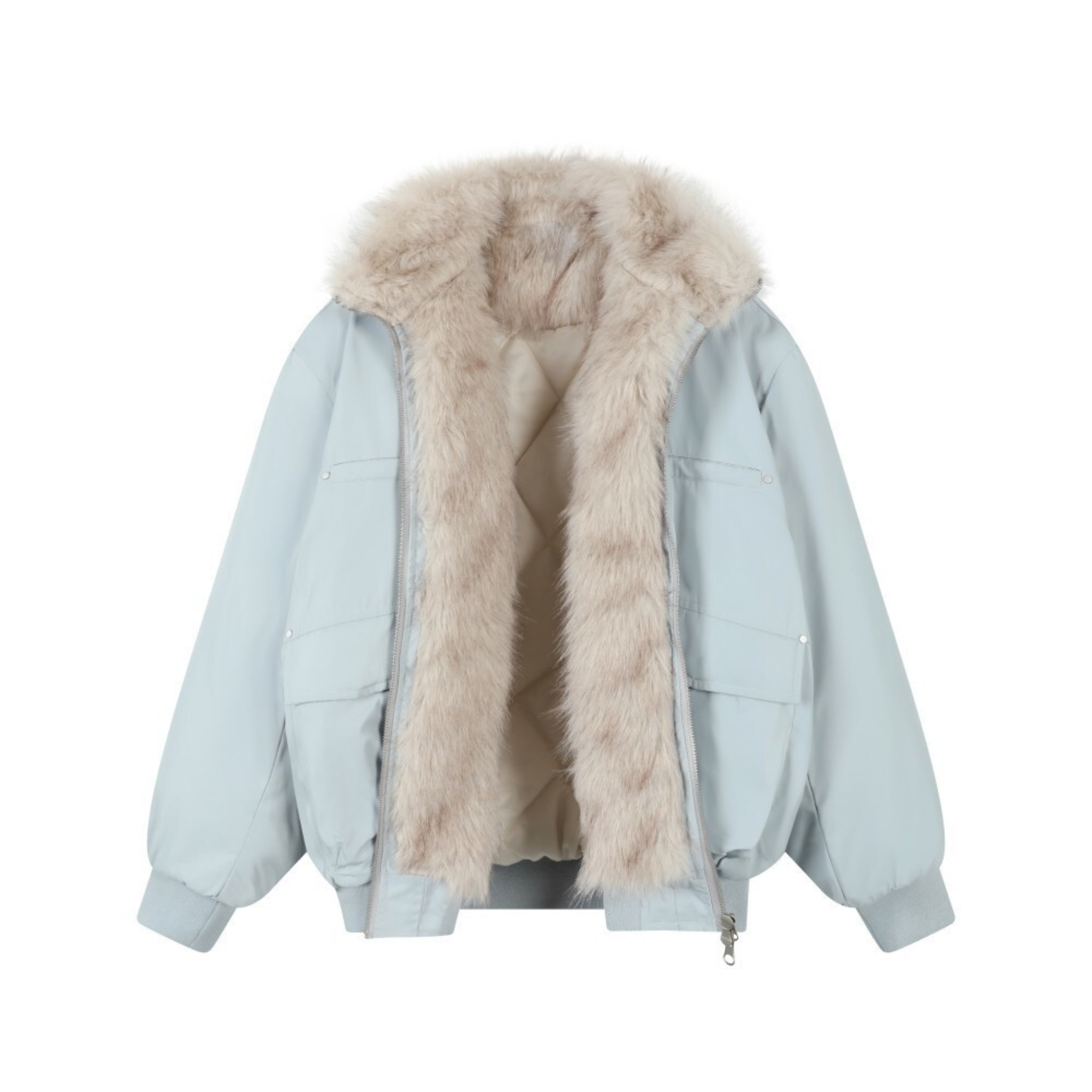 Open powder-blue oversized bomber jacket with cream faux fur lining and collar, front view on white background