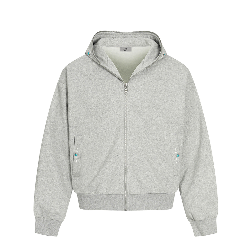 Light gray zip hoodie with dot details, front view