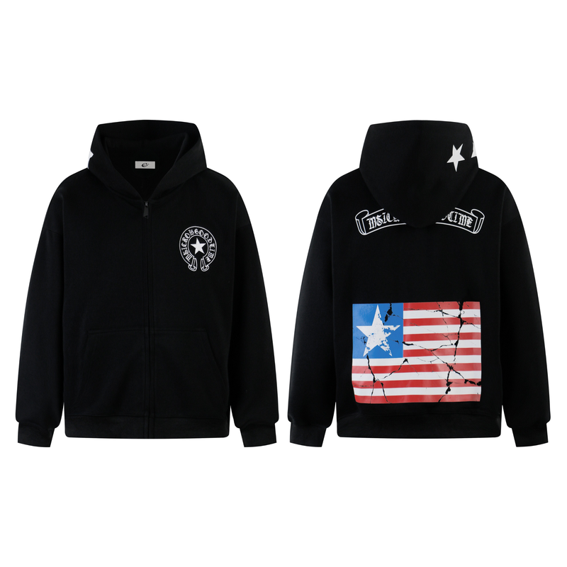 Black hoodie front and back views with white chest logo, star hood detail, and flag print
