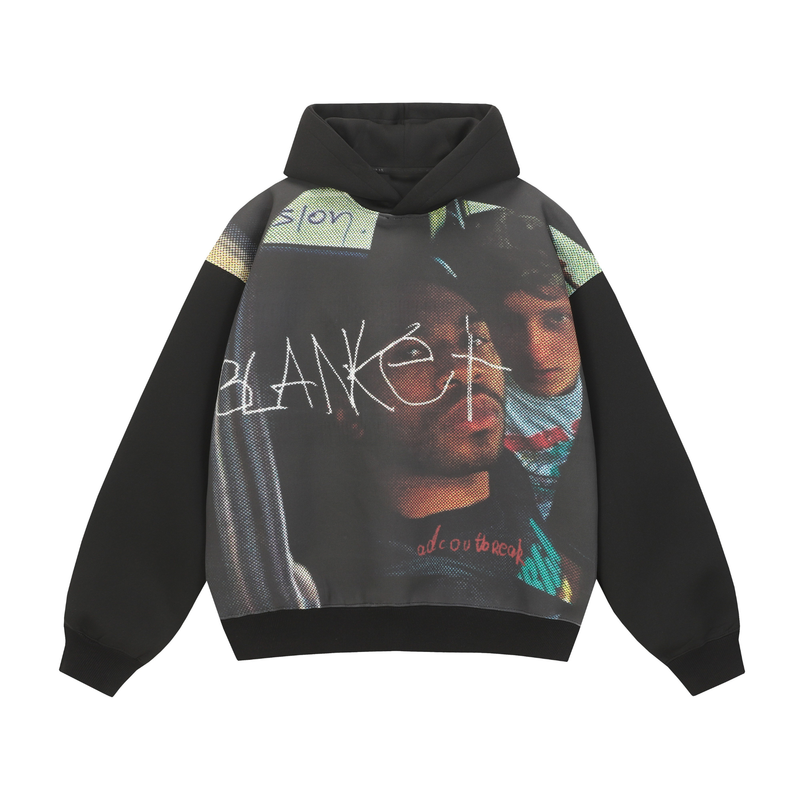 Black hoodie with bold photo print graphic on the front and black sleeves