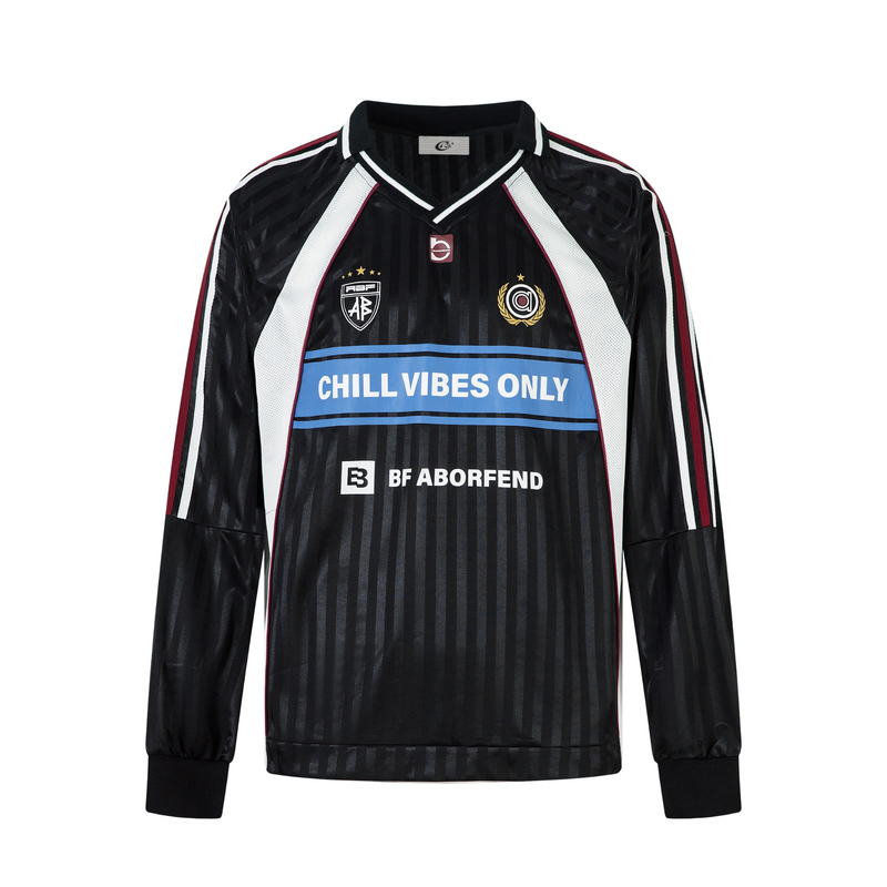 Black long-sleeve football jersey with white and burgundy side panels and blue CHILL VIBES ONLY chest band