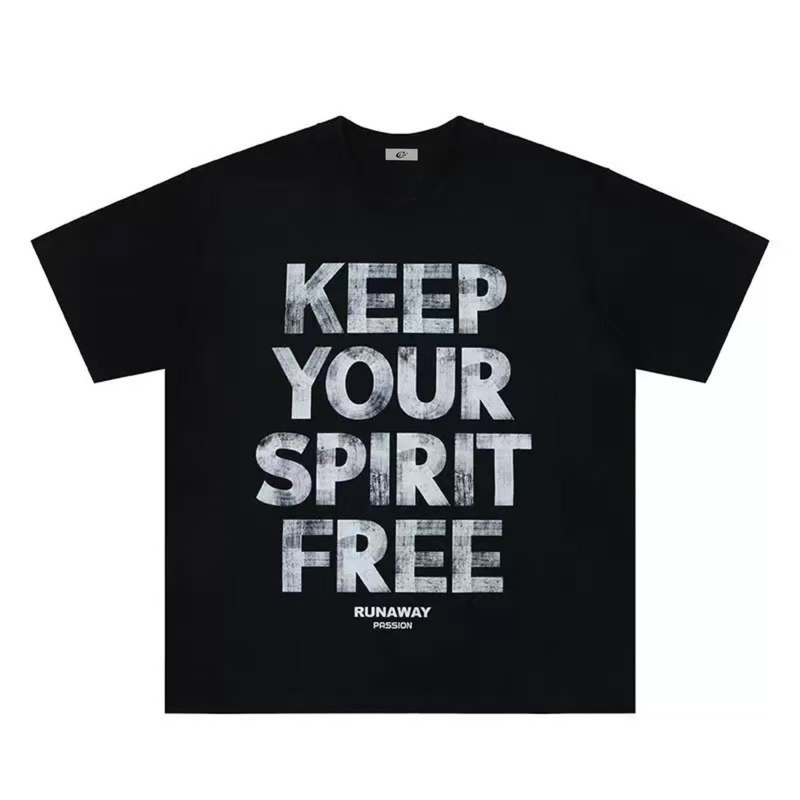 Black oversized graphic tee with large distressed KEEP YOUR SPIRIT FREE print and small RUNAWAY PASSION text on the front