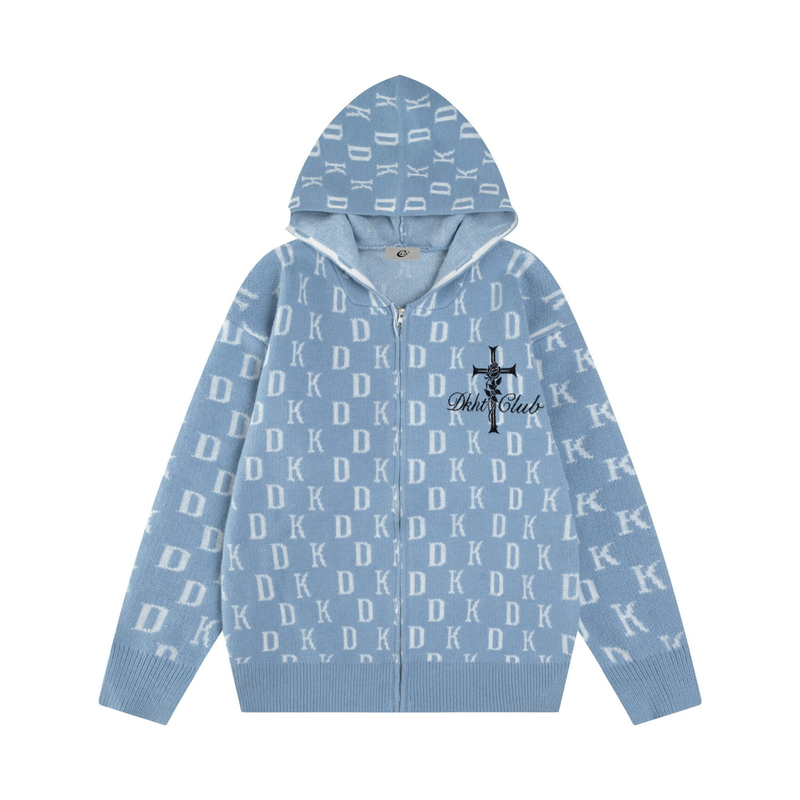 Front view of light blue knit zip hoodie with white monogram pattern and black Gothic cross embroidery