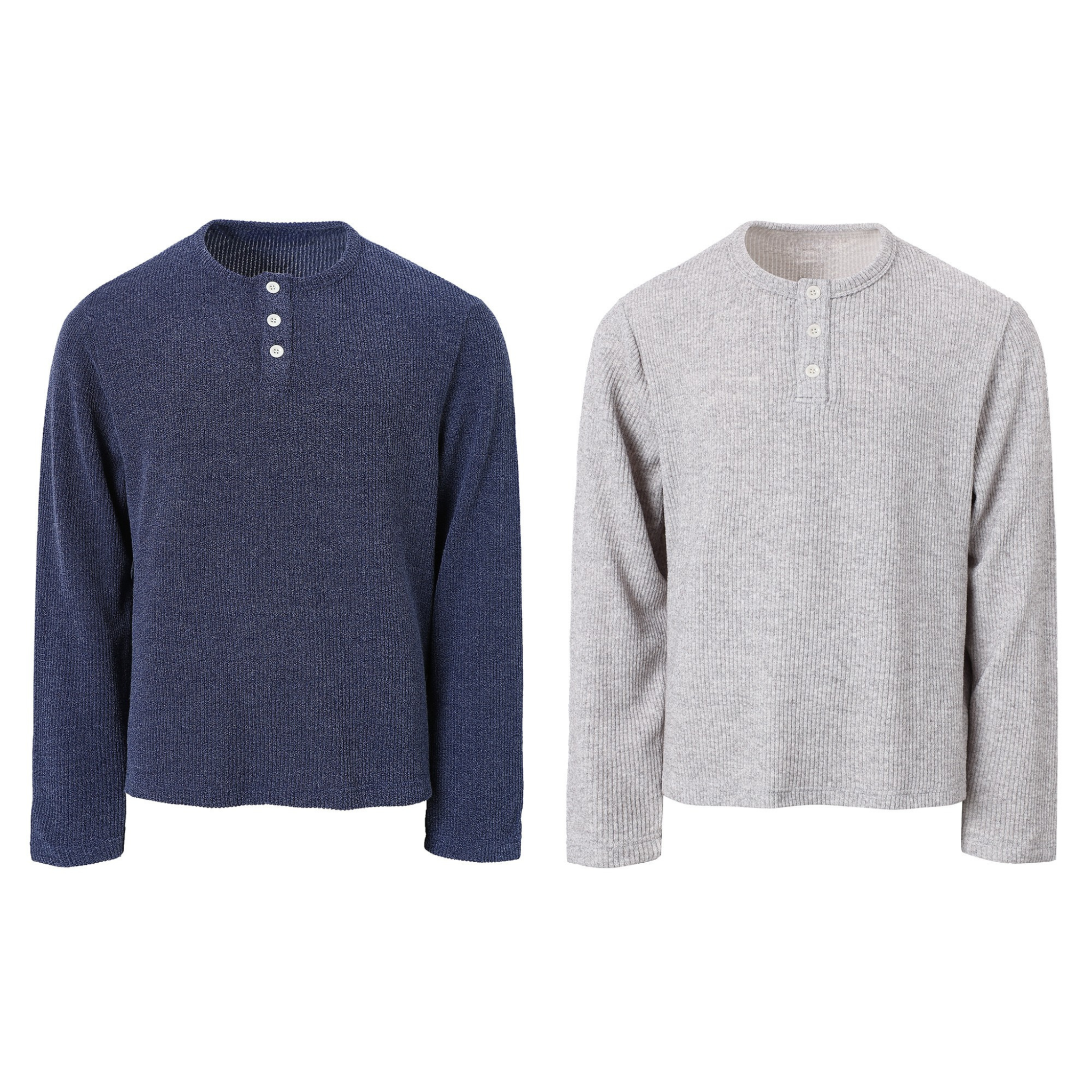 Navy blue and heather grey ribbed Henley long-sleeve tees with three-button placket, shown front view on white background