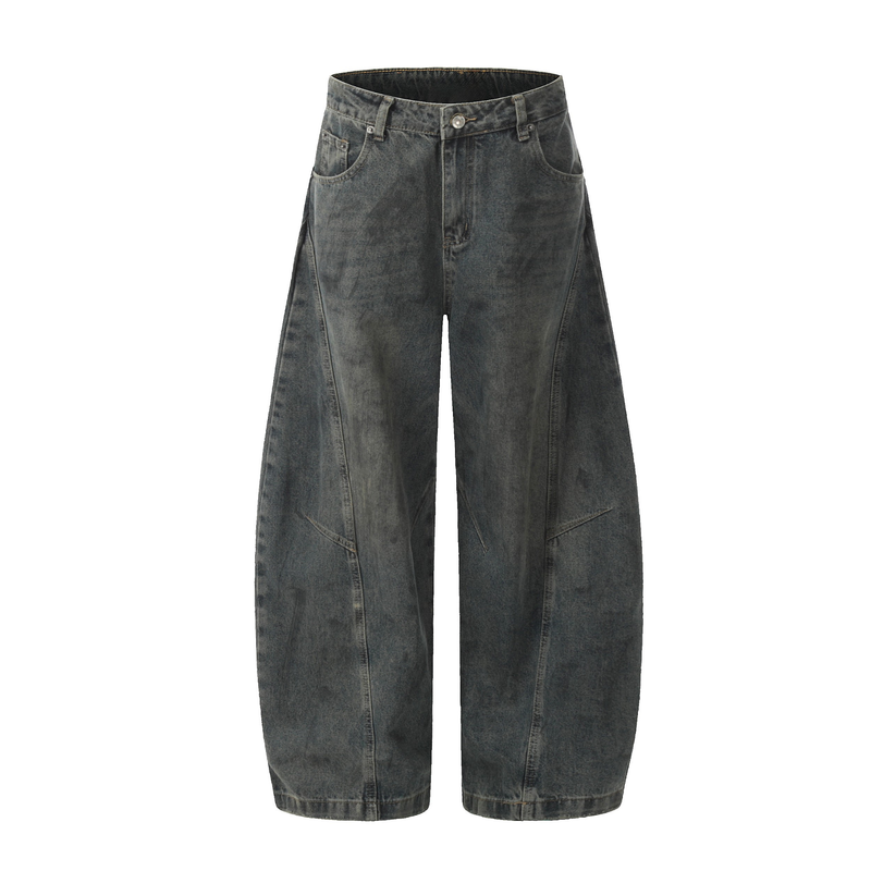 Front view of dark washed wide leg jeans with curved panel seams and front pockets