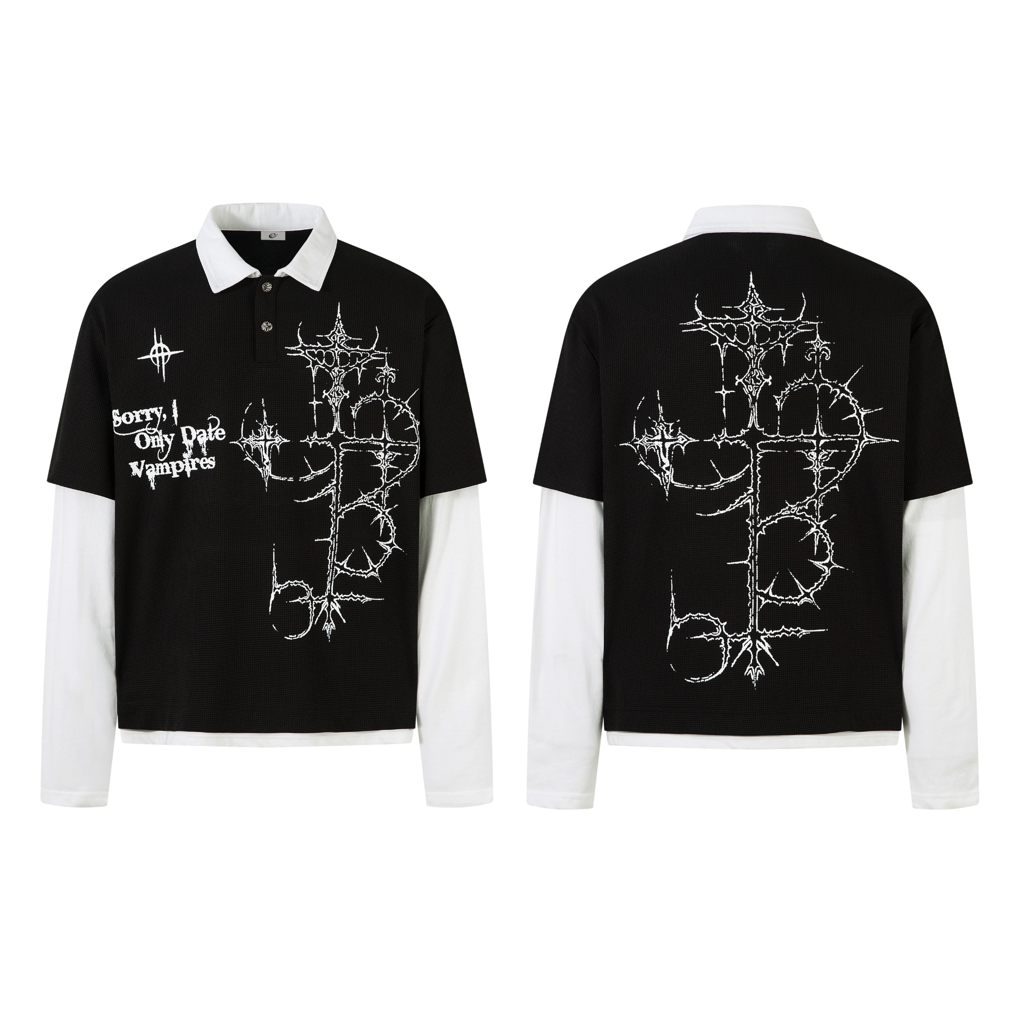 Black gothic layered polo shirt with white barbed-cross graphic and Sorry I Only Date Vampires text print, front and back vie