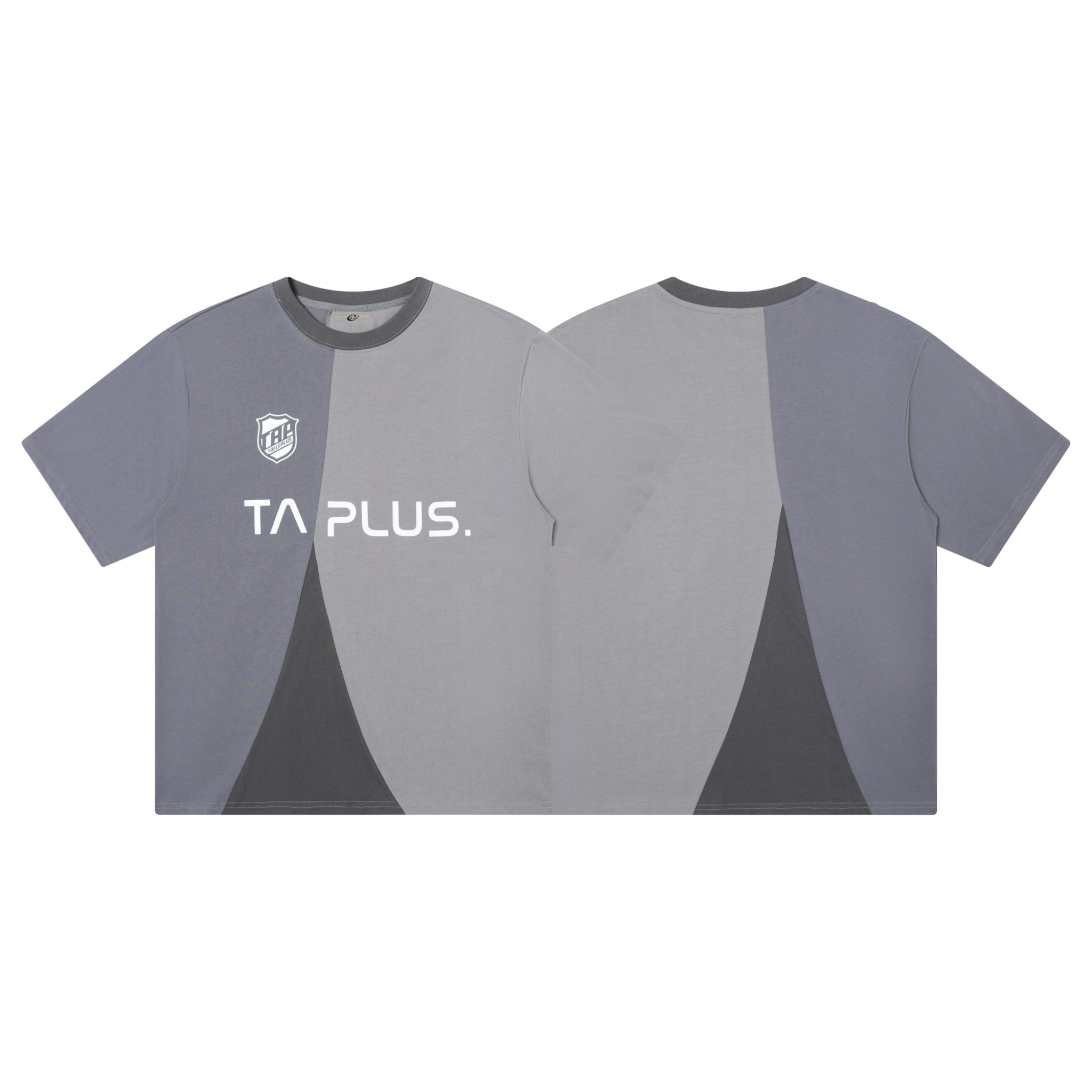 Front and back view of TA Plus grey split-panel graphic tee with three-tone colorblock design and white logo print