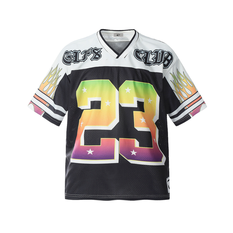 Black football jersey with a rainbow-gradient number 23, white shoulders, and flame graphics on the sleeves