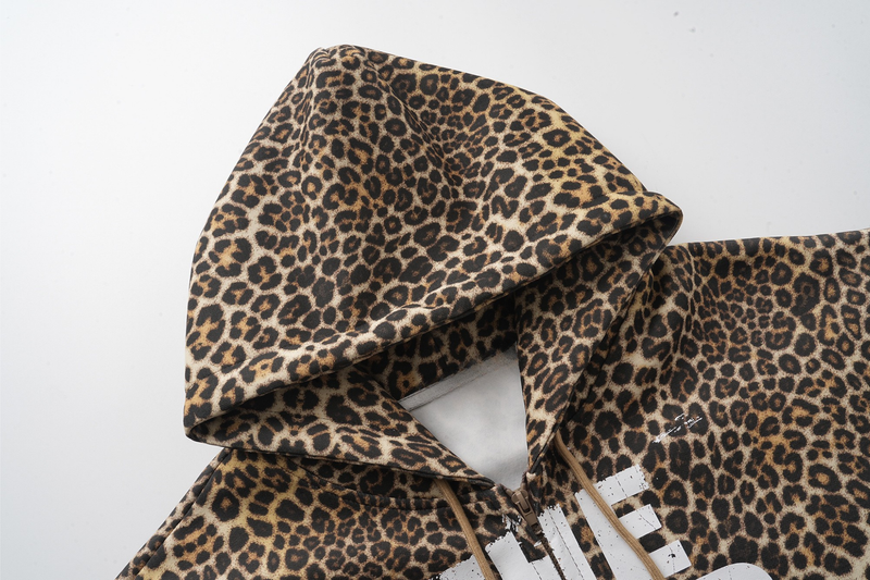 Leopard print hoodie hood and upper chest close-up with drawstrings
