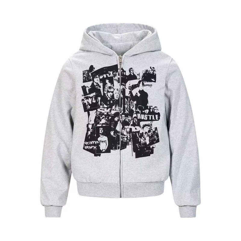Light gray zip-up hoodie with black retro collage graphic, front view