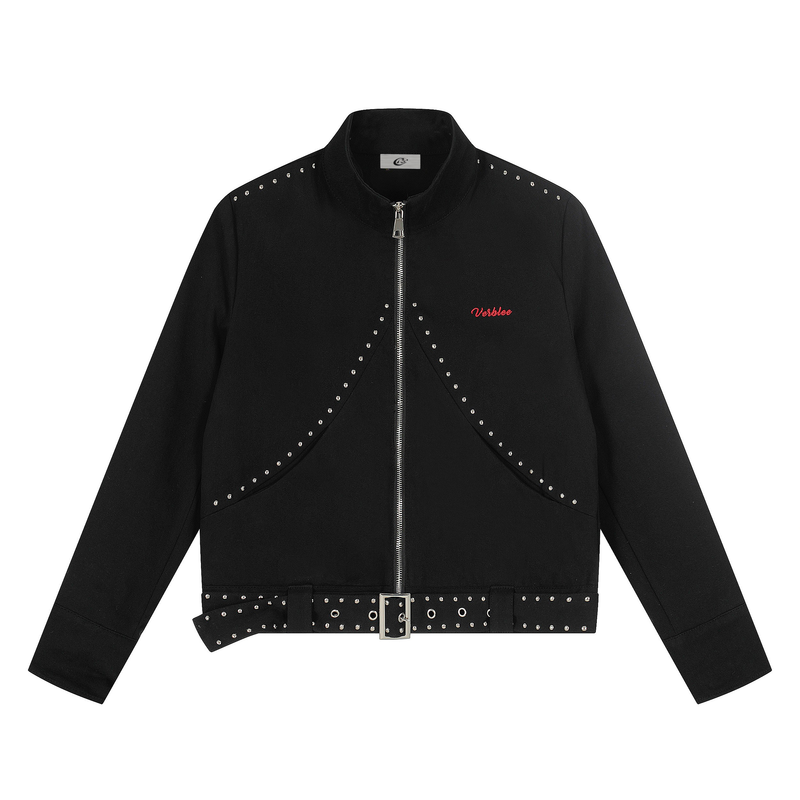 Rivet-Belted Cropped Rider Jacket | Studded Moto Style