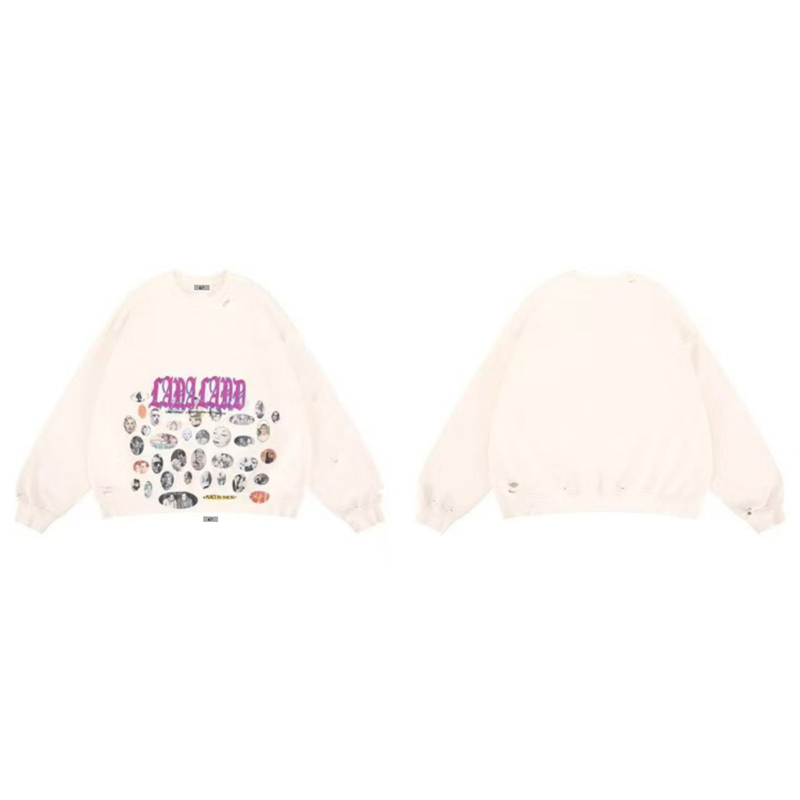 Cream sweatshirt front and back views with Lara Land collage graphic and distressed details
