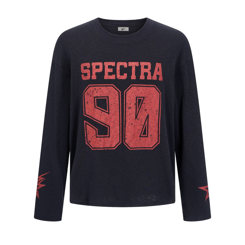 Black long-sleeve tee with red SPECTRA 90 front graphic and red sleeve print