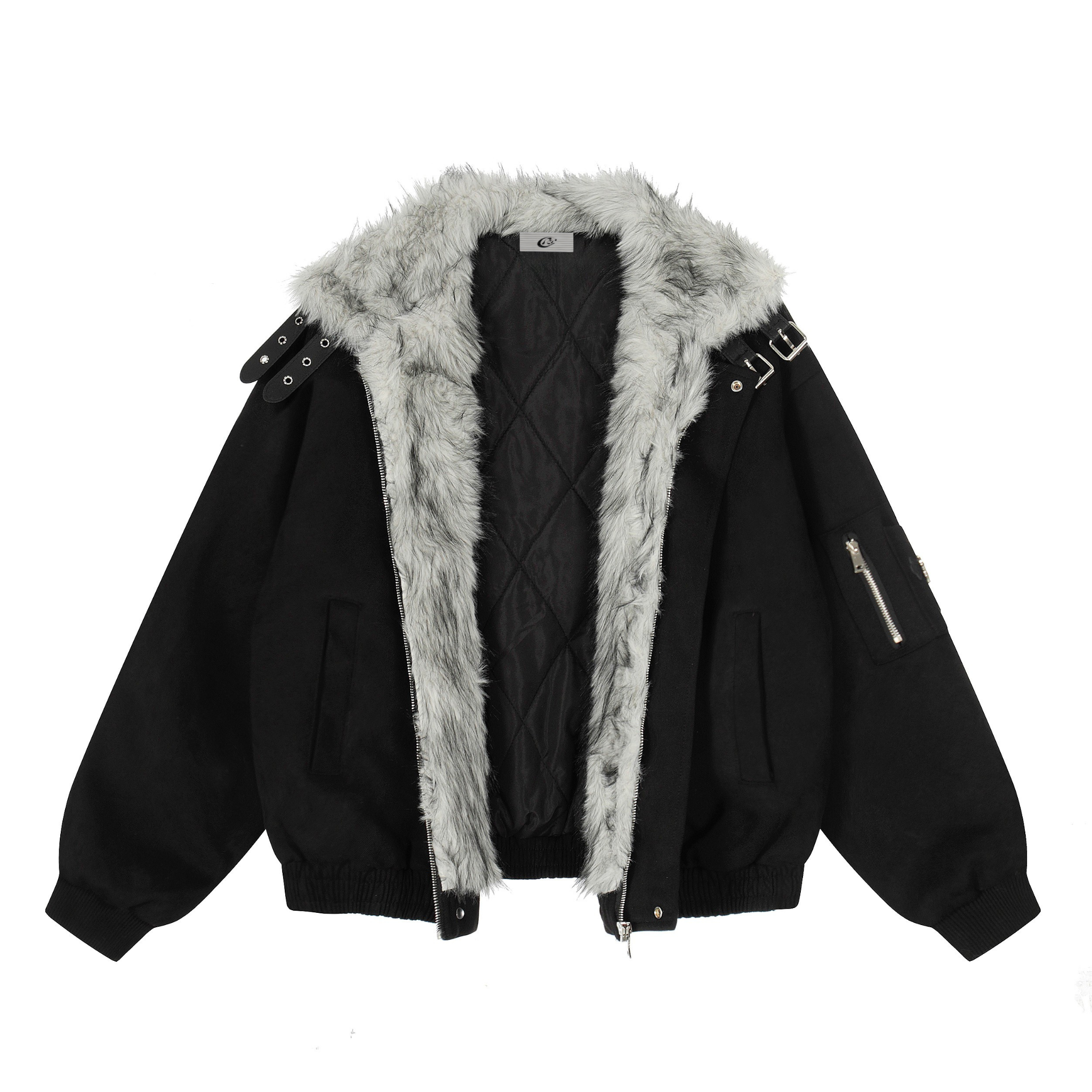 Faux Fur Collar Suede-Texture Buckle Bomber Jacket