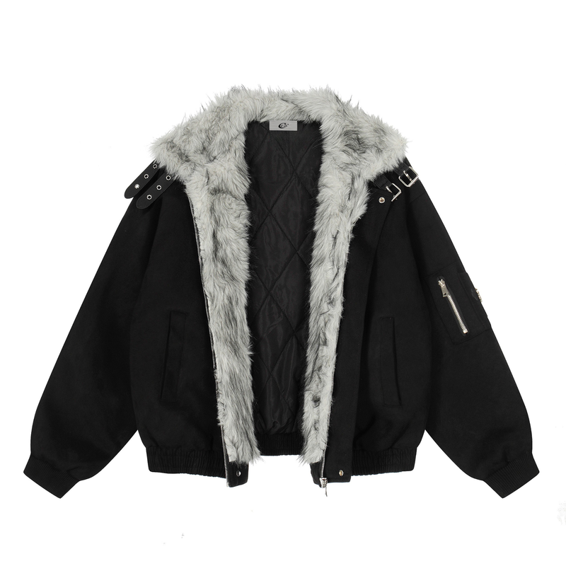 Faux Fur Collar Suede-Texture Buckle Bomber Jacket