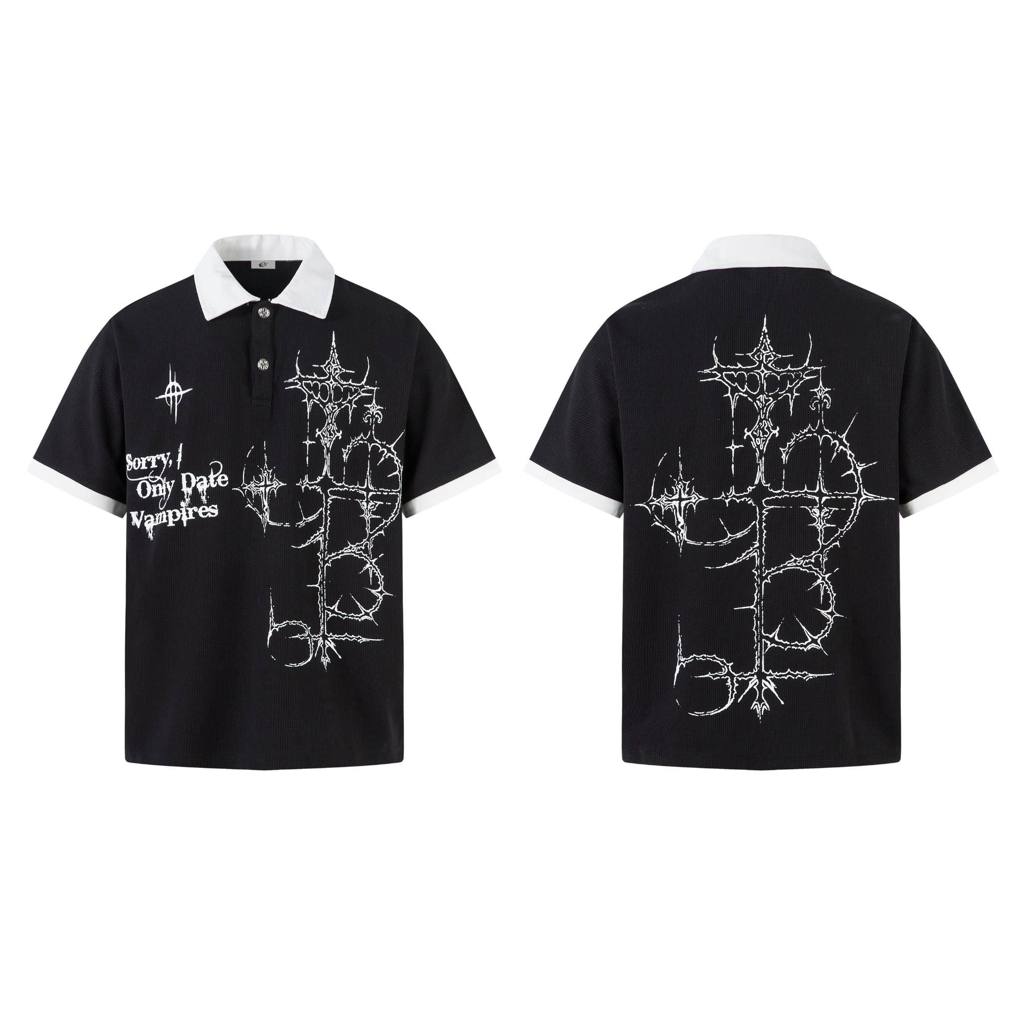 Black gothic polo shirt with white thorn cross graphic and Sorry I Only Date Vampires text, shown front and back