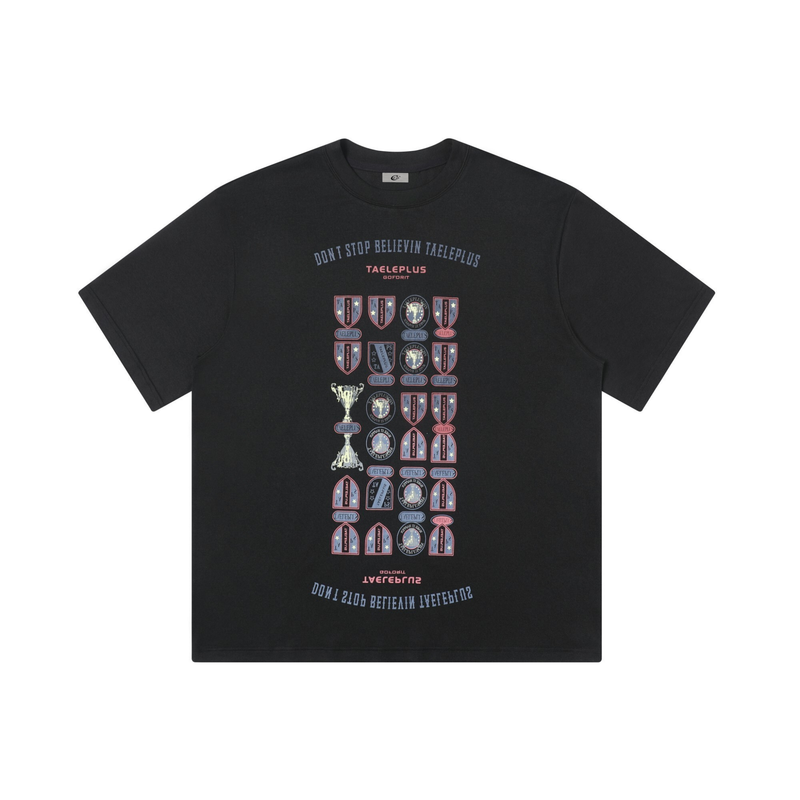 Black vintage streetwear tee with Dont Stop Believin text and stacked trophy graphic print on the front