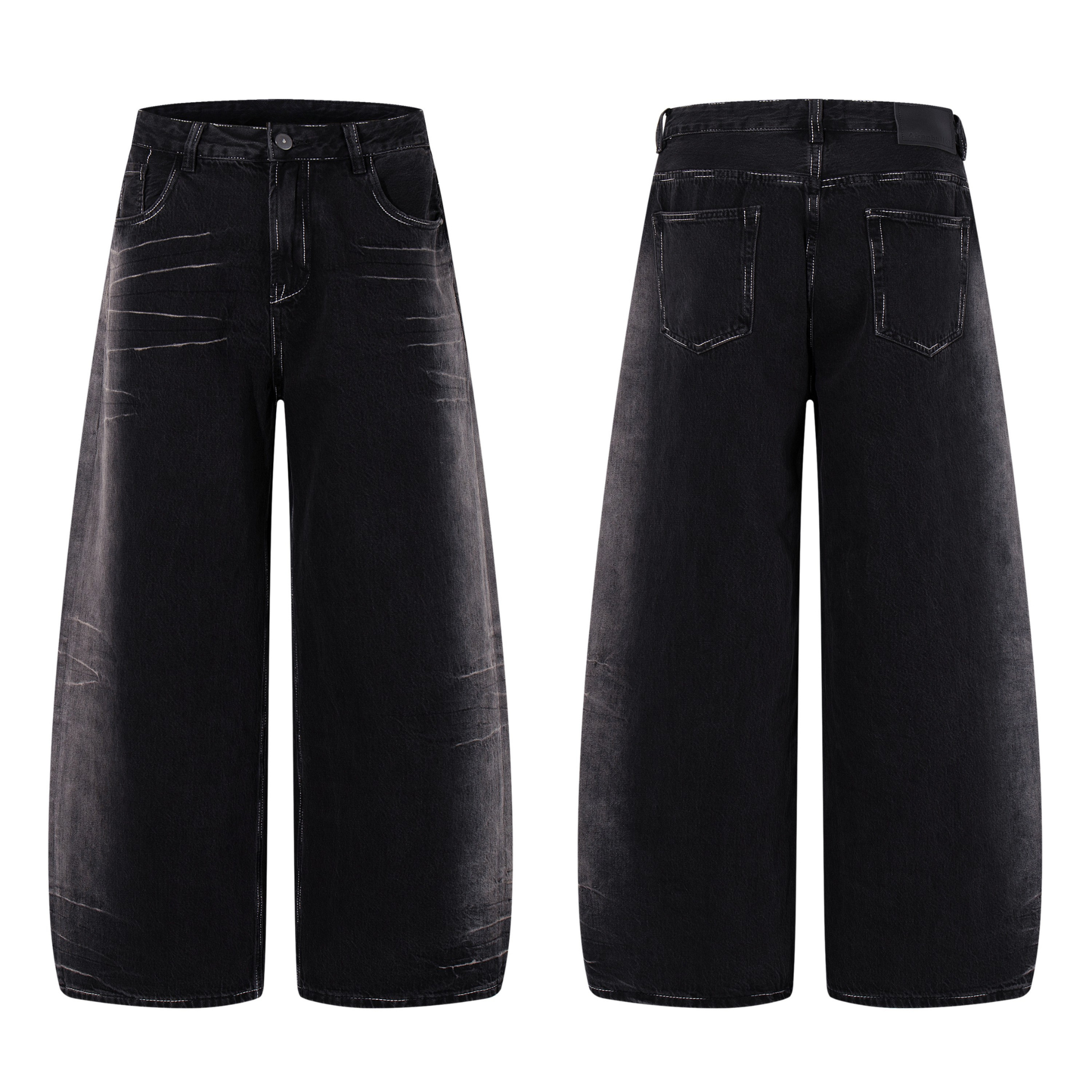 Front and back view of black wide-leg jeans with subtle whisker fade and white contrast stitching on a white background