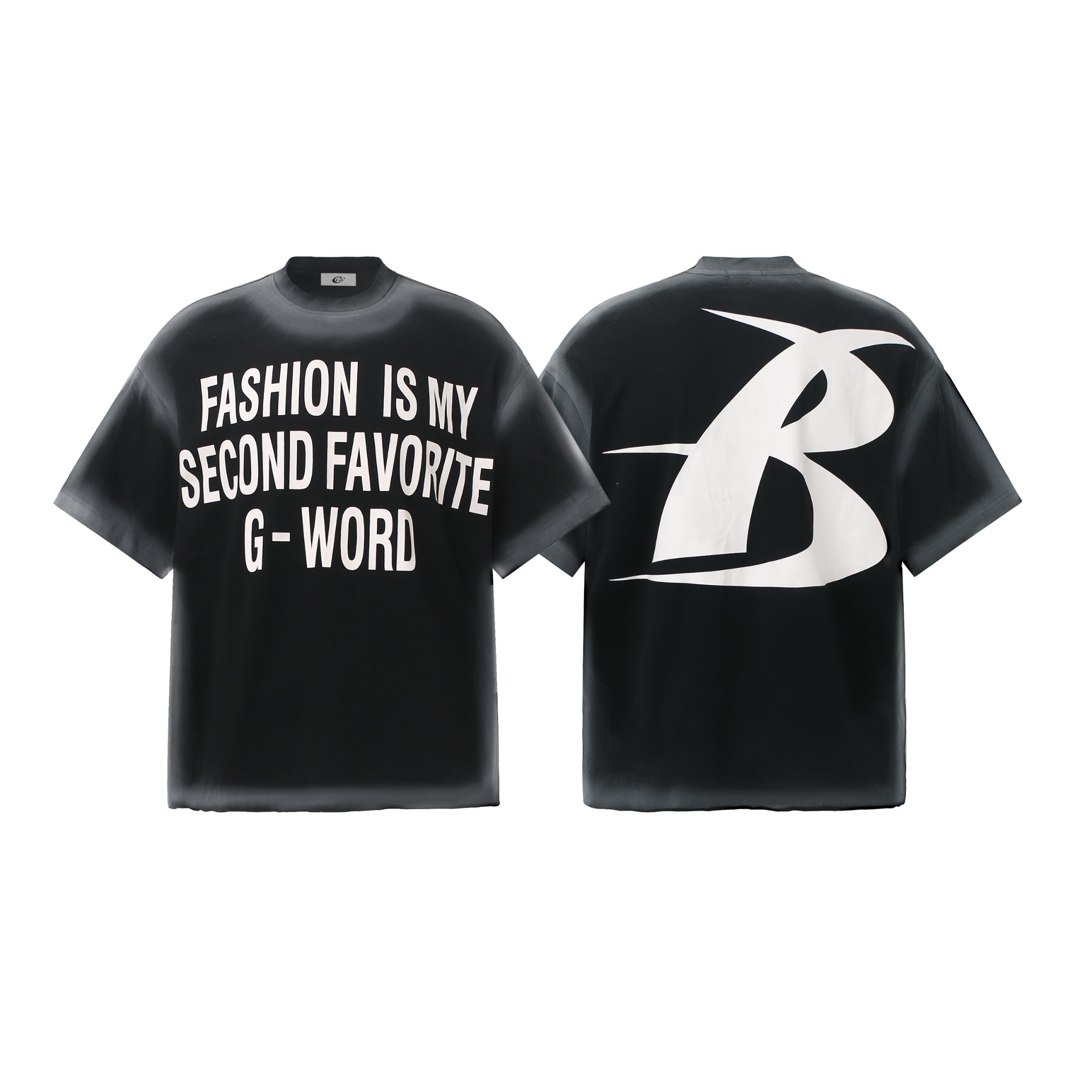 Black oversized gradient wash t-shirt with bold white slogan print on front and large graphic logo on back
