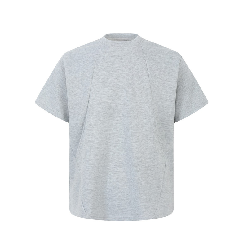 Light gray oversized T-shirt with geometric seam detailing and a structured minimalist silhouette, front view