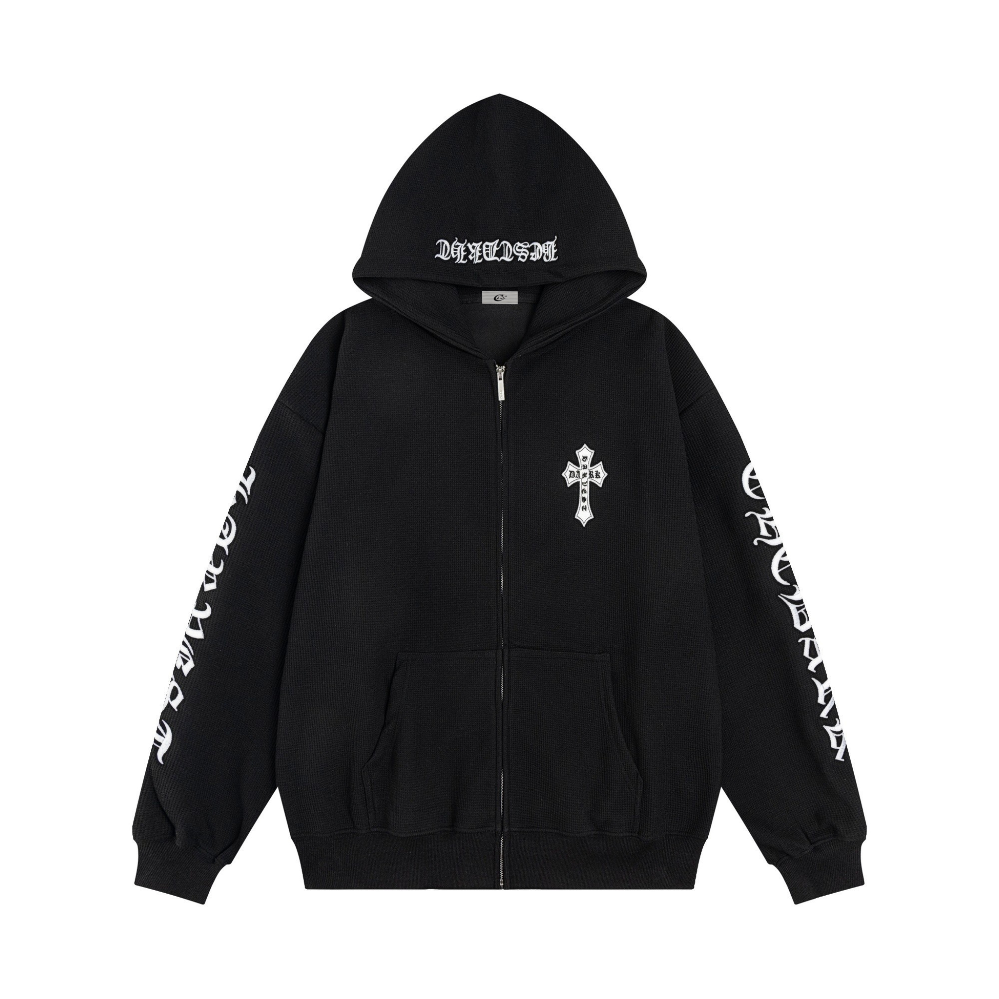 Omirad Gothic Script Zip Hoodie | Cross Emblem Streetwear