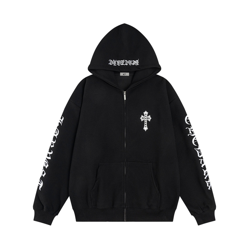 Black zip hoodie with white gothic script on hood, cross emblem on chest, front view