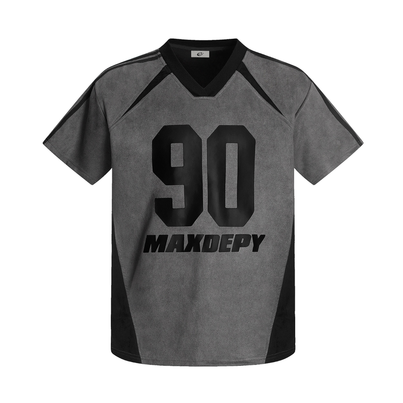 Gray and black varsity mesh jersey tee with oversized number 90 and MAXDERY print on front