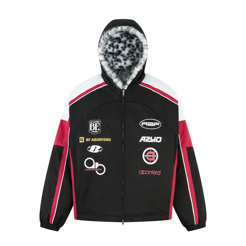 Racing Patch Faux Fur Hood Jacket | Color-Block Nylon