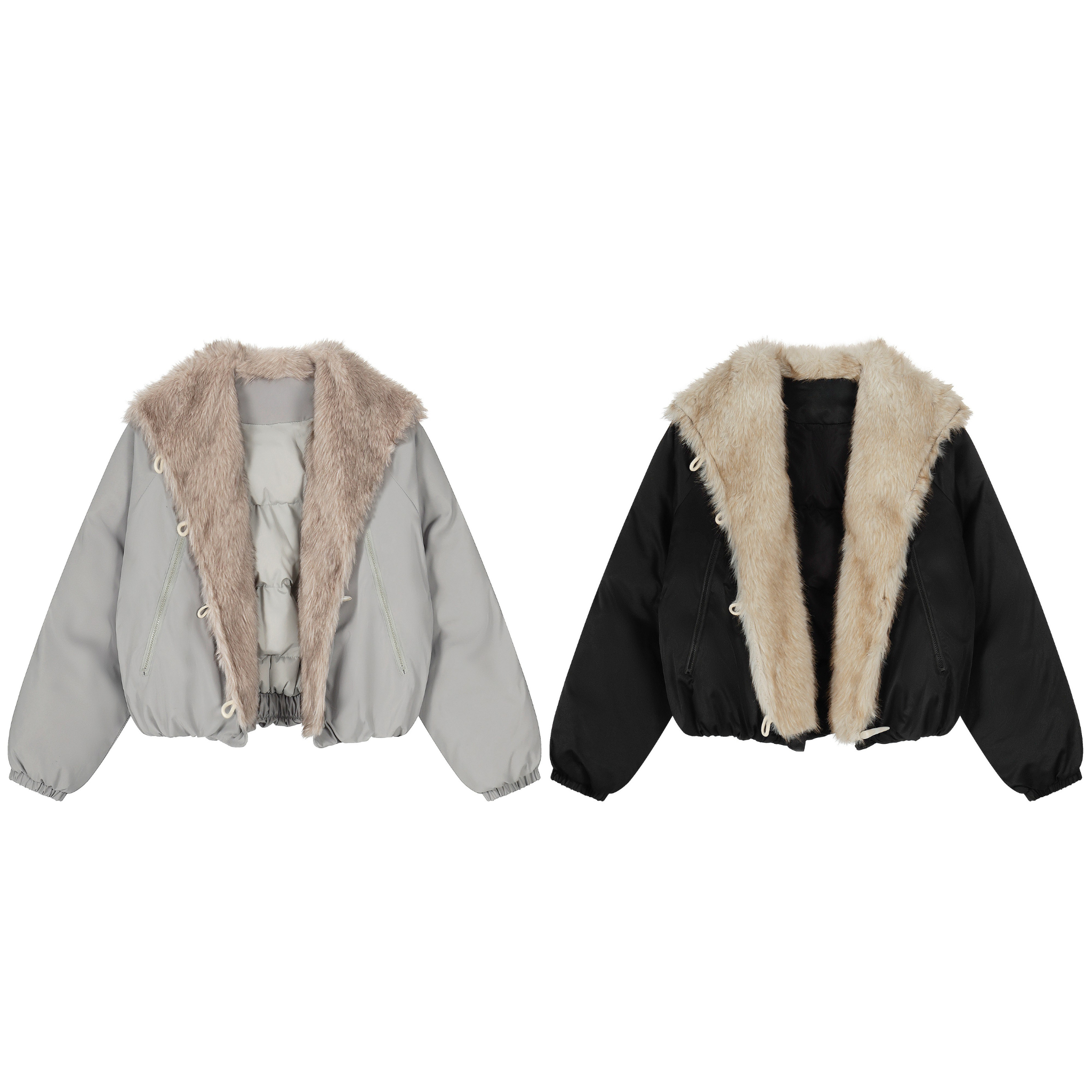 Faux fur lapel cropped jacket shown open in light grey and black colorways with beige fur collar and drawstring waist