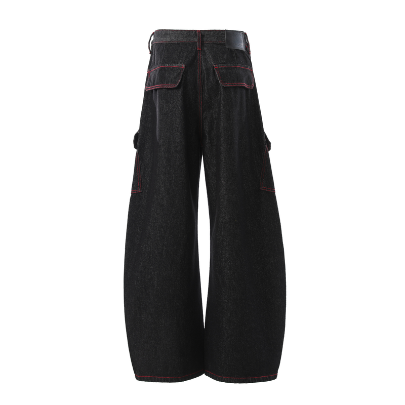 Back view of black wide-leg denim cargo pants with red stitching