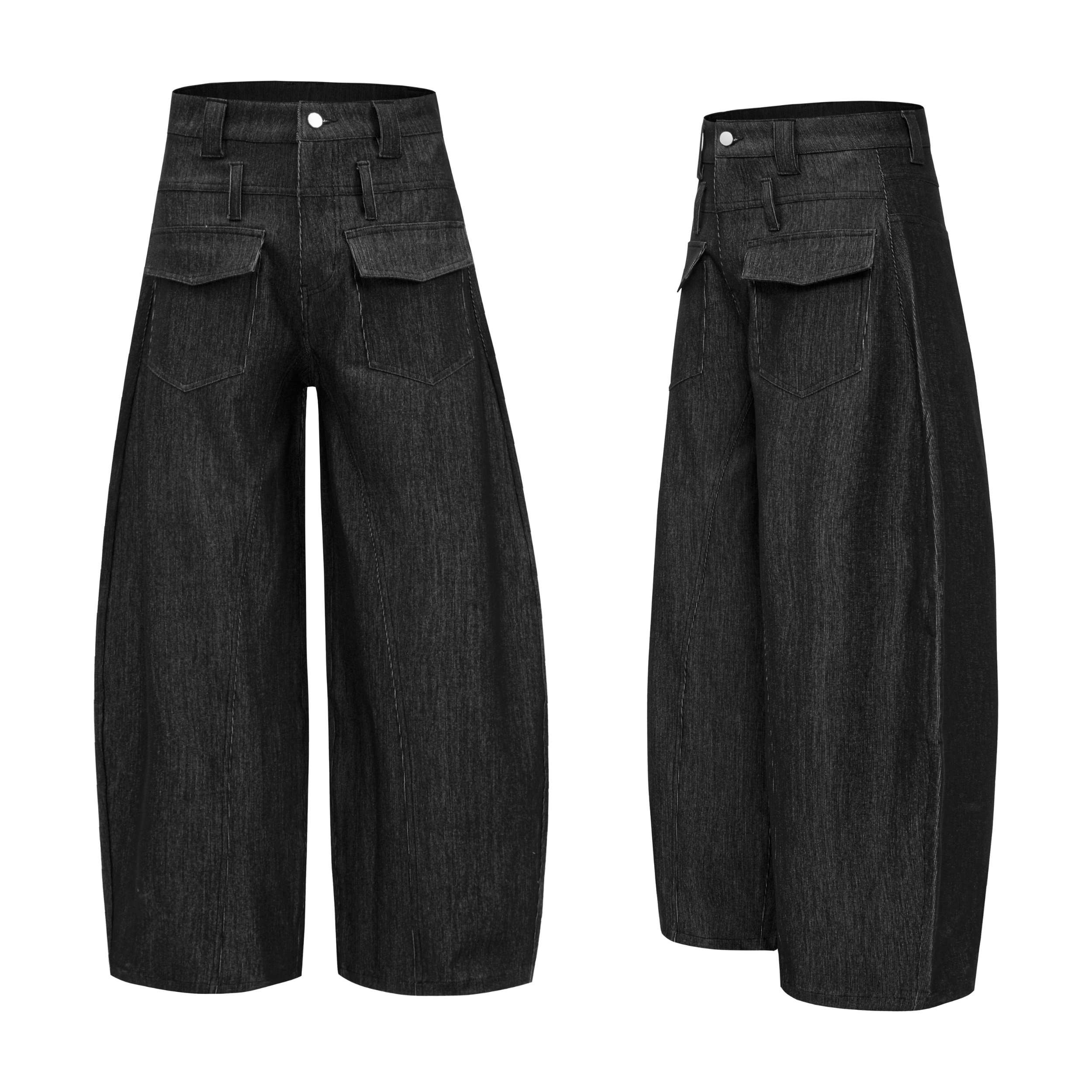 Front and side view of black wide-leg utility denim pants with flap pockets and structured panel seams