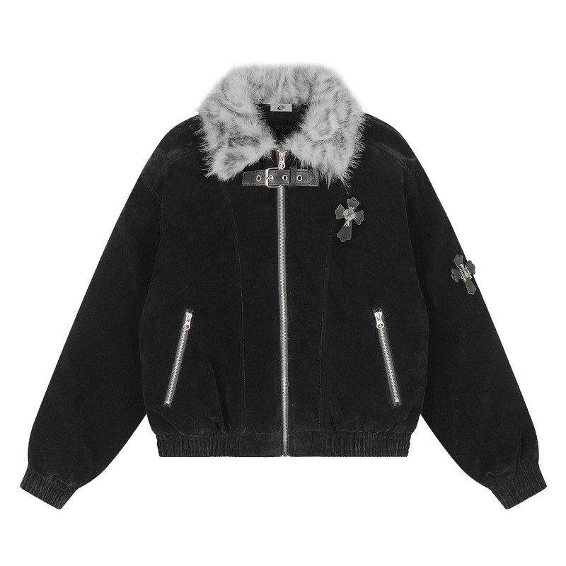 Faux Fur Collar Suede-Texture Bomber Jacket | Omirad
