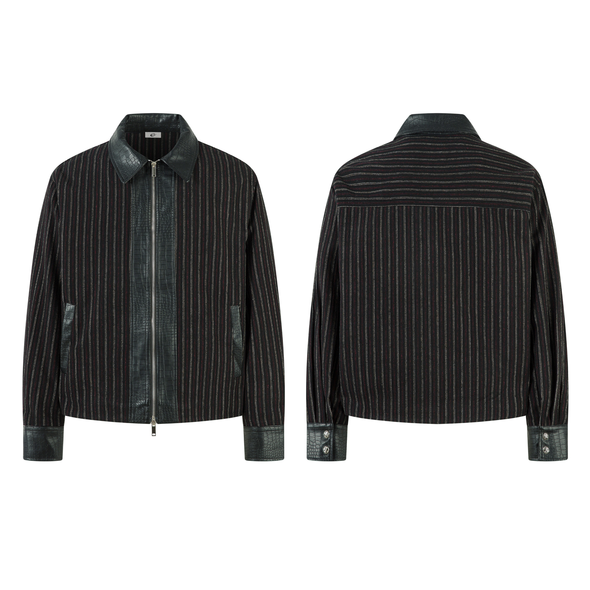 Front and back view of a black pinstripe jacket with dark green crocodile faux-leather collar, cuffs, and zip placket