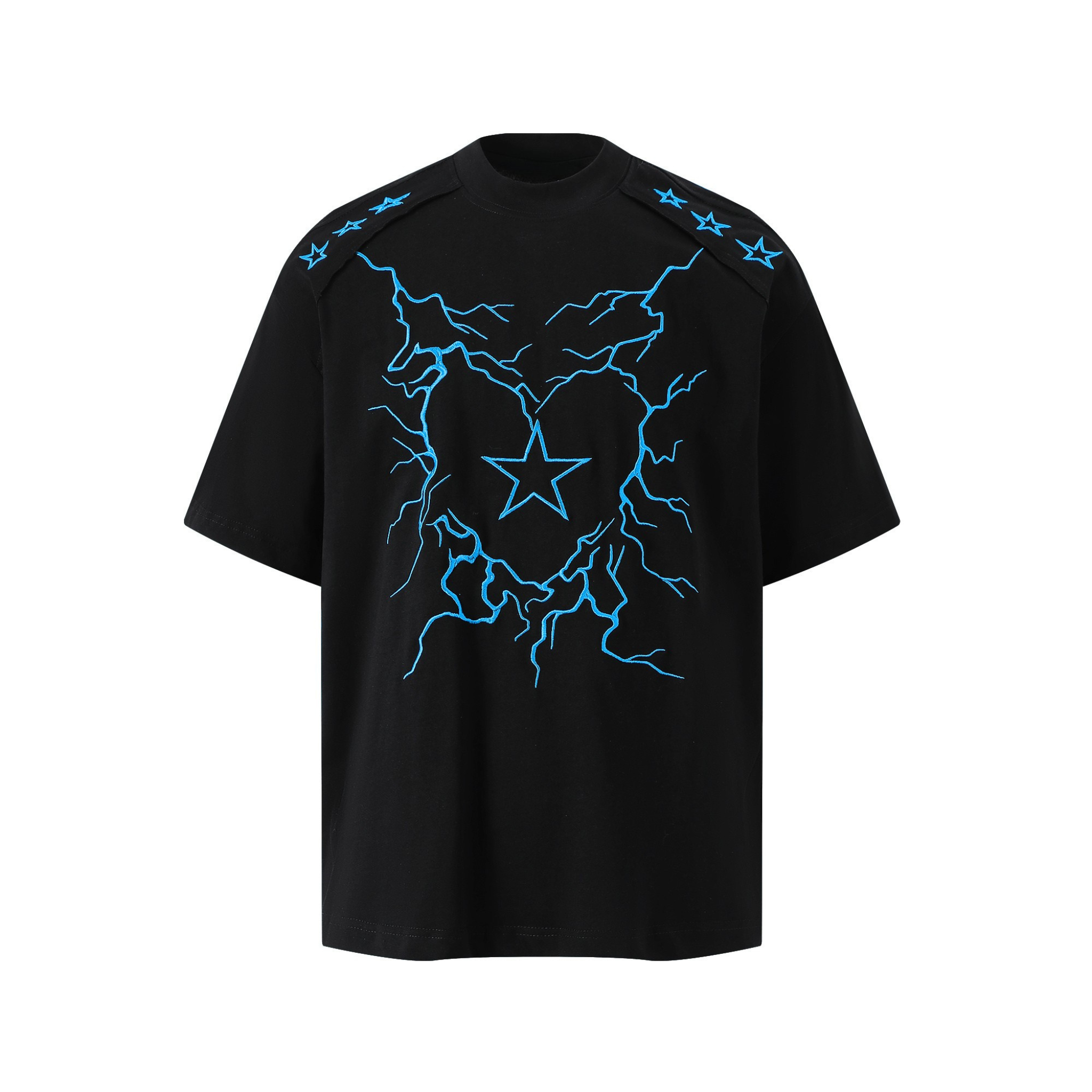 Black oversized graphic t-shirt with blue lightning bolt heart and star design on chest, star embroidery on shoulders