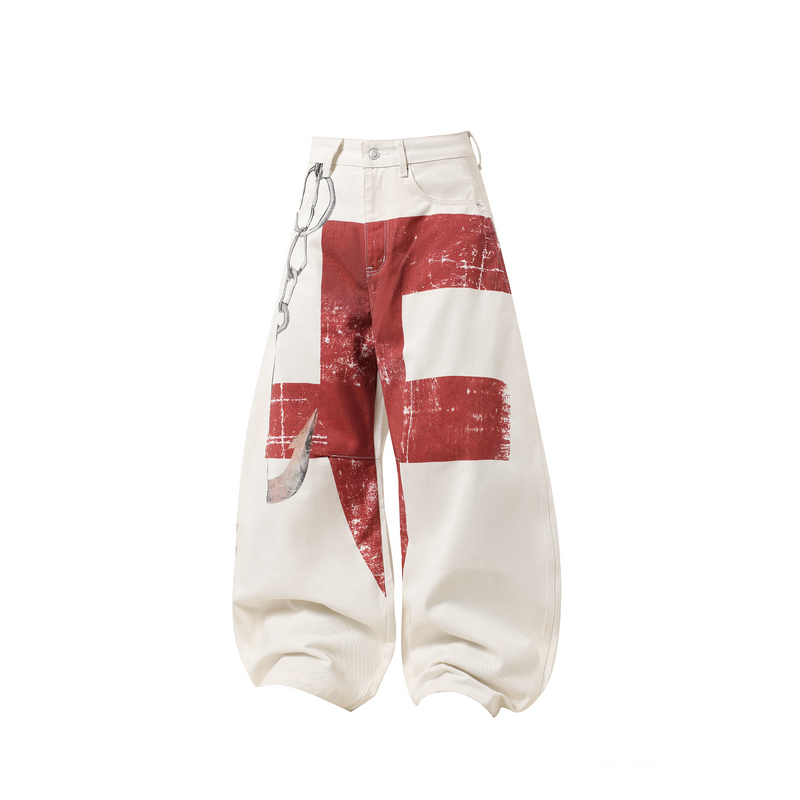 Cream barrel-leg jeans with red block print and chain graphic, front view