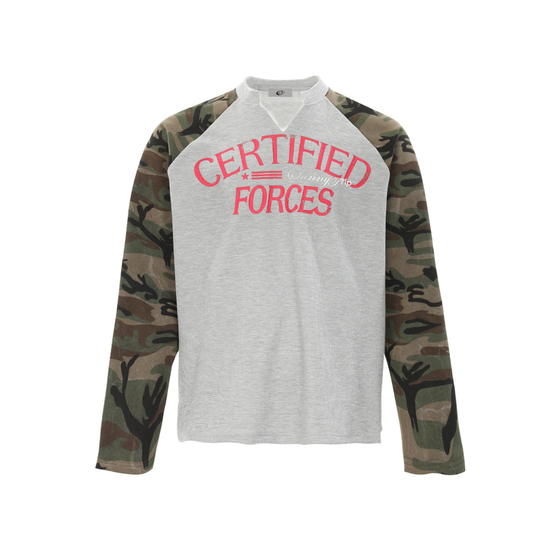 Gray thermal raglan long-sleeve tee with camouflage sleeves and red Certified Forces graphic, front view